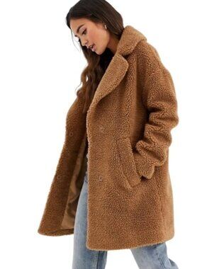 Abercrombie & Fitch A&F Teddy Coat Brown Faux Shearling Size S